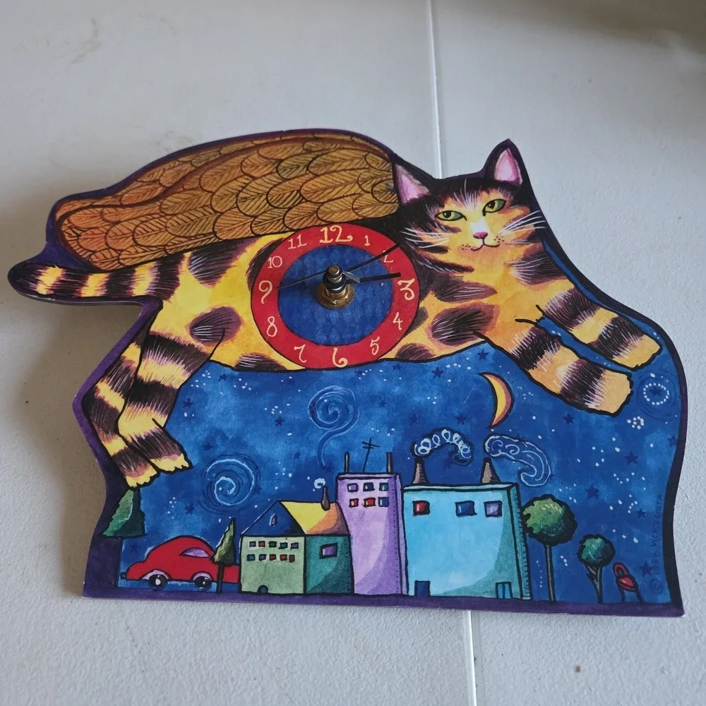 Wendy Costa 1994 Whimsical Flying Cat Wall Clock City Sky Line